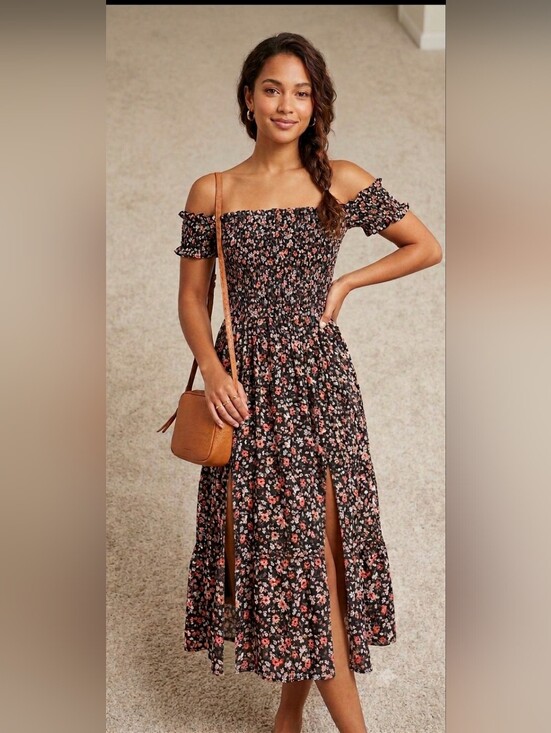 Blush Dresses & Skirts - Blush Black Floral Off-Shoulder Midi Dress
